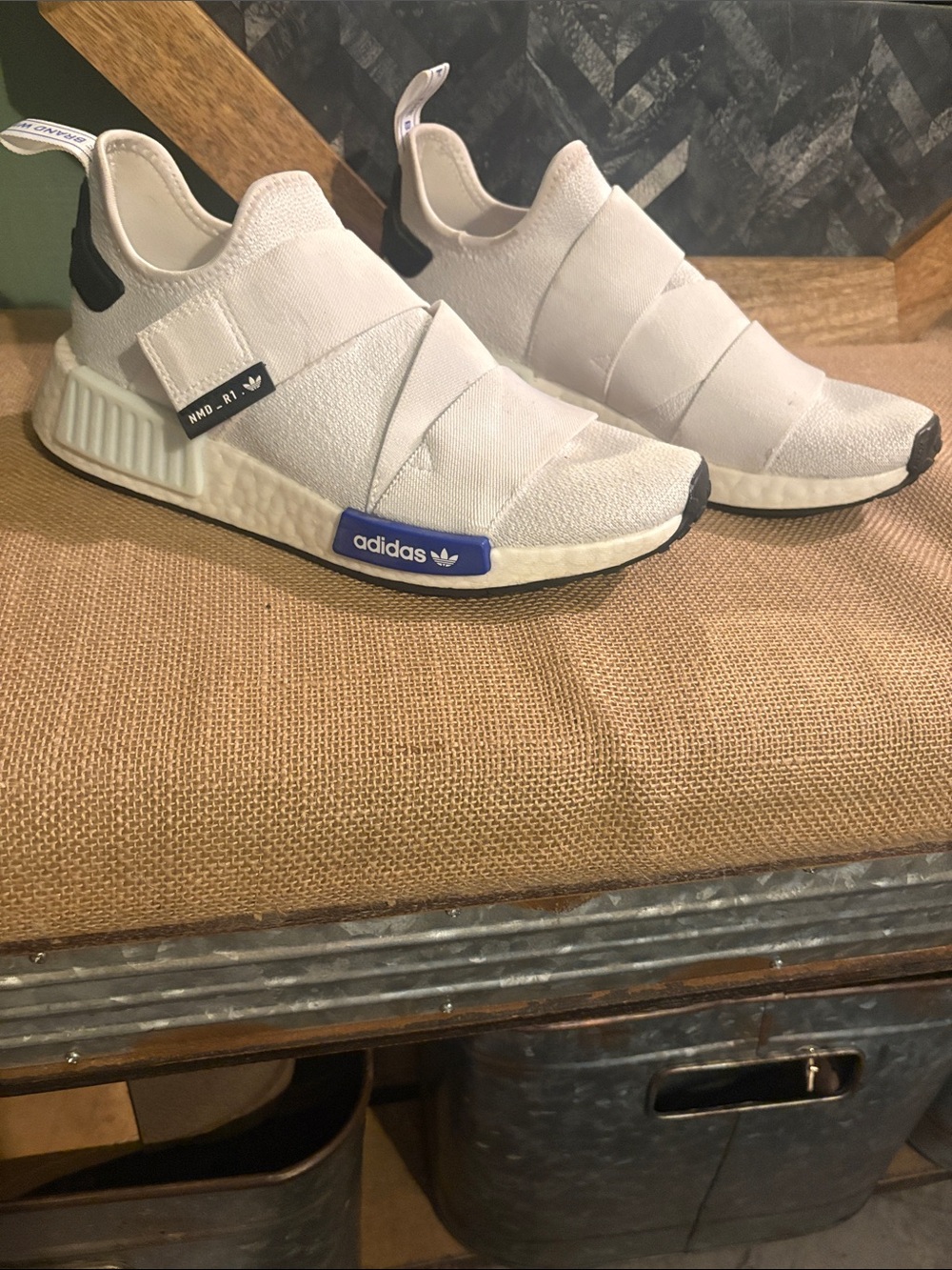 adidas White Slip-On NMD R1 Sneakers with Blue Accents